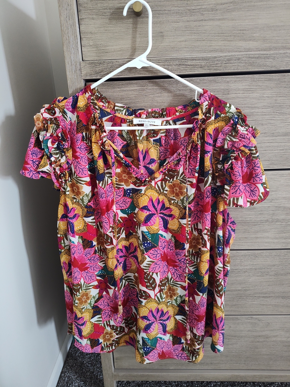 Rose & Olive Pink Mustard Floral Tie-Neck Ruffle Sleeve Top